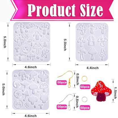 3 Pack Mushroom Earring Molds – Premium Silicone Resin Jewelry Molds (35 Unique Designs) with 200Pcs Ear Hooks & Jump Rings, DIY UV Epoxy Resin Casting Kit for Earrings, Pendants & Keychains
