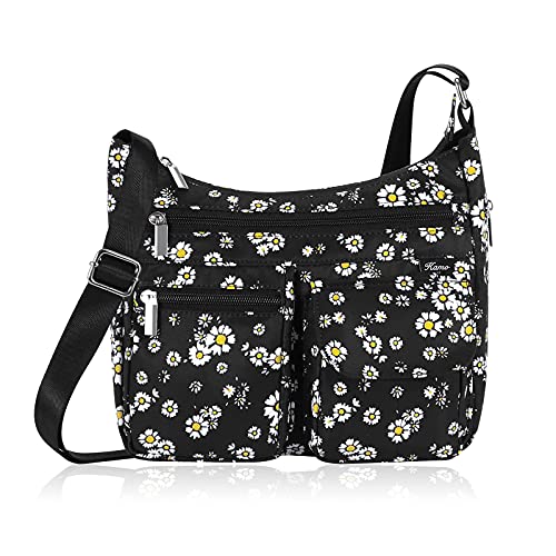 Kamo Crossbody for Women - Multi-pocket Shoulder Lightweight Messenger Casual Printed Purse Handbag Travel Bag - color: Black - Daisy