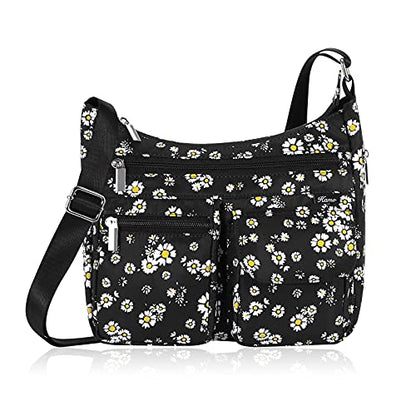 Kamo Crossbody for Women - Multi-pocket Shoulder Lightweight Messenger Casual Printed Purse Handbag Travel Bag - color: Black - Daisy