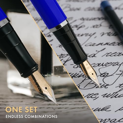 Wordsworth & Black Fountain Pen Gift Set, Medium & Extra Fine Nib, Blue | For Men & Women, Brass Body, 18K German Iridium, Ink Bottle + 6 Cartridges, Converter, Writing & Calligraphy, Journaling - color: Blue Chrome