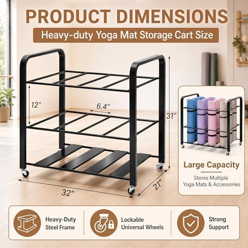 32'' x 21'' x 31'' Yoga Mat Storage Cart with Wheels, Floor Metal Gym Foam Rollers Storage Organizer, Yoga Mat Holder Basket for Commercial and Home Gym Accessories