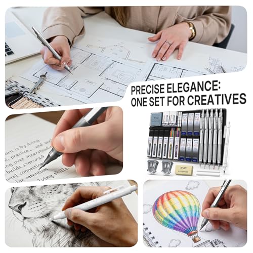 WUO Mechanical Pencil Set, 5 Pack Drafting Pencils 0.5/0.7/0.9/2.0/2.0mm | Mechanical drawing pencils, 432 lead refills, erasers/sharpeners for drafting, technical drawing, sketching, writing & art - color: Silver, size: 0.5/0.7/0.9/2.0