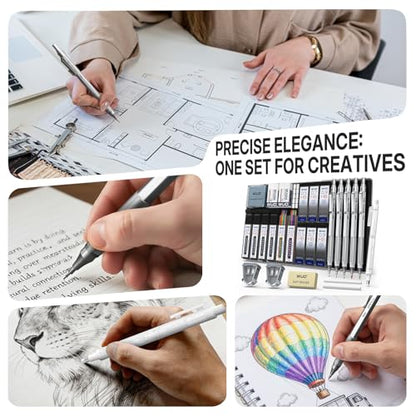 WUO Mechanical Pencil Set, 5 Pack Drafting Pencils 0.5/0.7/0.9/2.0/2.0mm | Mechanical drawing pencils, 432 lead refills, erasers/sharpeners for drafting, technical drawing, sketching, writing & art - color: Silver, size: 0.5/0.7/0.9/2.0