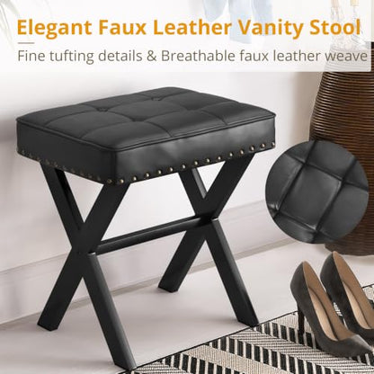 LUE BONA Vanity Stool - Square Faux Leather Makeup Seat With Metal X Legs, Small Ottoman Chair for Makeup Room, Living Room - Modern Padded Foot Rest, Black - color: Black