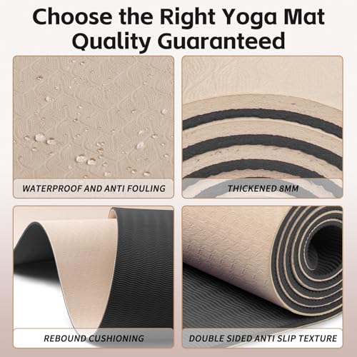 PAIDU Yoga Mat 8mm TPE Non‑Slip Fitness Mat with Strap for Home Workouts - color: 베이지&블랙