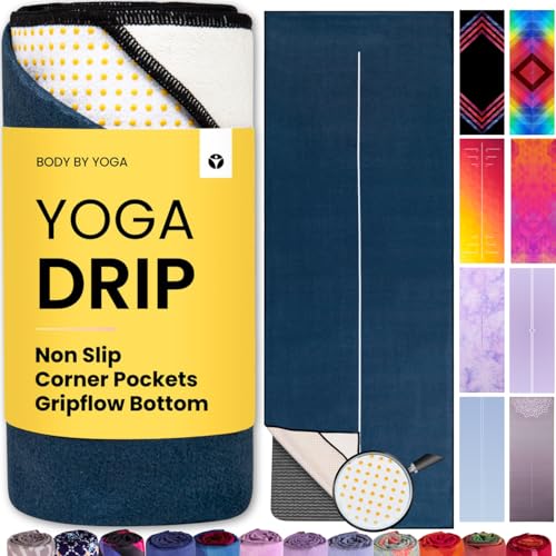 Yoga Drip: Hot Yoga Towel – Non Slip Yoga Mat Towel with Corner Pockets, Silicone Grip Dots & Subtle Alignment Lines | Sweat Absorbent, Moisture Wicking, Quick Dry | No Bunching or Sliding | 72” x 26” - color: Sea Serene
