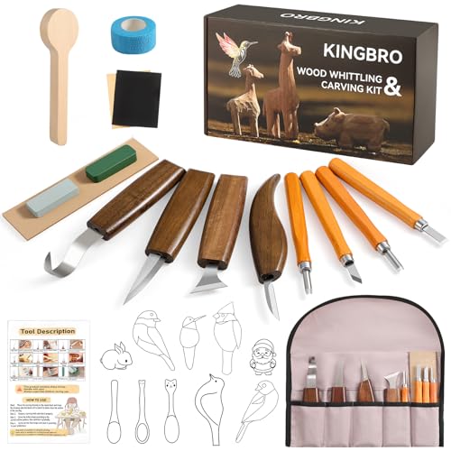 KINGBRO 20 PCS Wood Carving Kit for Beginners, Whittling Kit for Beginner and Kids, Wood Carving Tools with Safety Protection. 8 pcs Whittling Knife Wood Carving Set with 2 pcs Custom Sticker