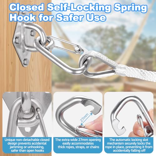 M10 Hammock Hooks Kit, 4-Pack Heavy Duty 304 Stainless Steel Pad Eye Hooks - size: 4 × M10 + Snap Hooks
