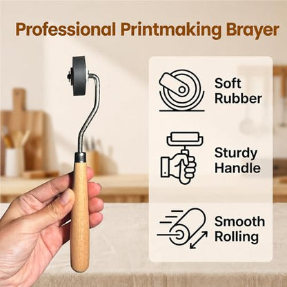Soft Rubber Brayer – 45A Durometer Printmaking Roller, 0.4 Inch, for Gel Printing, Linocut & Block Printing, Heavy-Duty Steel Frame with Wood Handle - size: 0.4 in