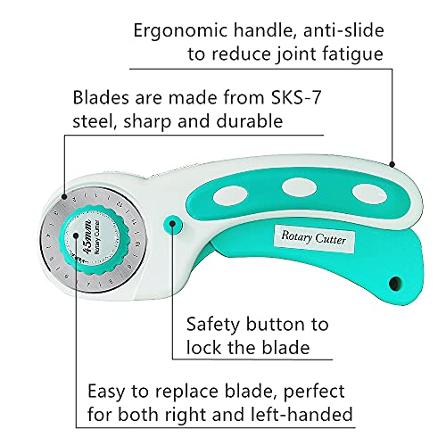 45mm Rotary Cutter with 9pcs Extra Rotary Blades, Ergonomic Rolling Cutter with Safety Lock for Fabric, Sewing, Quilting, Cloth, Paper, Leather, Crafting, Fabric Rotary Cutter (Cyan) - color: Cyan, size: 45mm