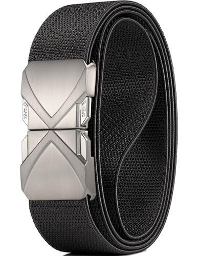 GEIT Stretch Nylon Belt,1 3/8" Elastic Belt with Quick Release Buckle - color: Silver/Black, size: Waist 35"-38" (Length45")