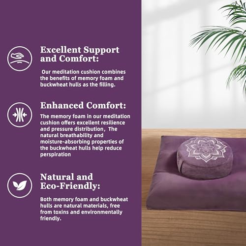 Meditation Cushion Set Zafu & Zabuton – Buckwheat Hull & Memory Foam, Adjustable Floor Pillow for Yoga, Meditation & Sitting, Removable Velvet Cover (Purple) - color: Purple