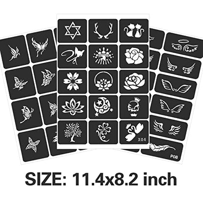 24 Sheets Henna Stencils for Kids Teens Adults | 400+ Reusable Tattoo Stencils, Glitter Tattoo Stencils For Face Hand Back