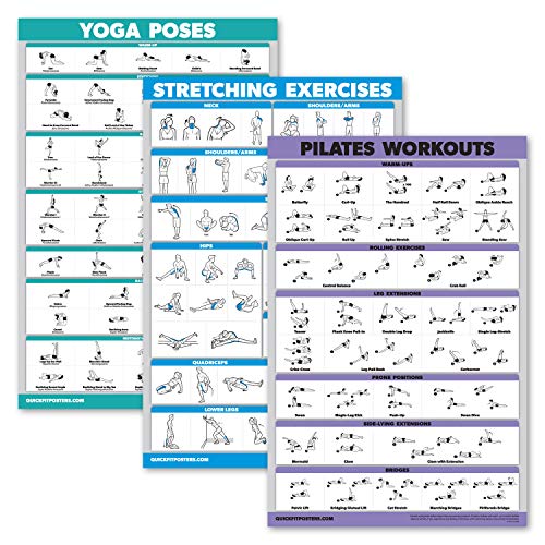 Quickfit 3 Pack - Yoga Poses + Stretching Exercises + Pilates Mat Work Poster Set - Set of 3 Workout Charts (LAMINATED, 18" x 24") - color: LAMINATED