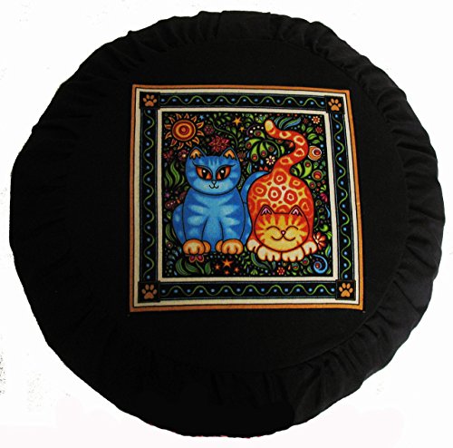 Meditation Cushion Zafu Buckwheat Pillow - Heavenly Kitties - Blue and Rusty - color: Blue and Rusty