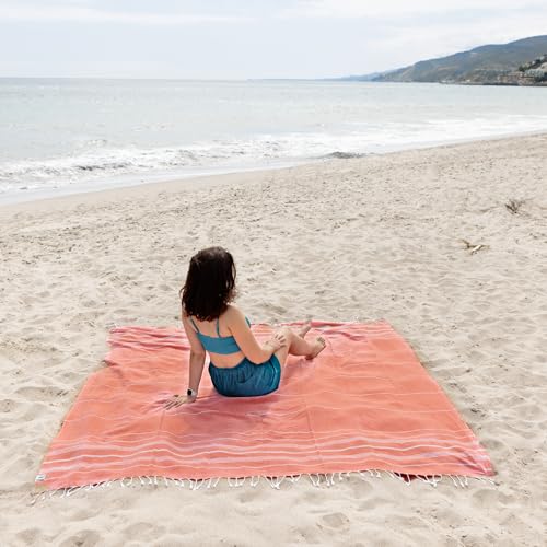 WETCAT Turkish Beach Blanket Sandproof (82"x82") 100% Turkish Cotton, Made in Turkey - Sand Free, Ultra Soft, Extra Large Throw for Picnic – Dark Coral - color: Dark Coral, size: XL Beach Blanket (82" x 82")