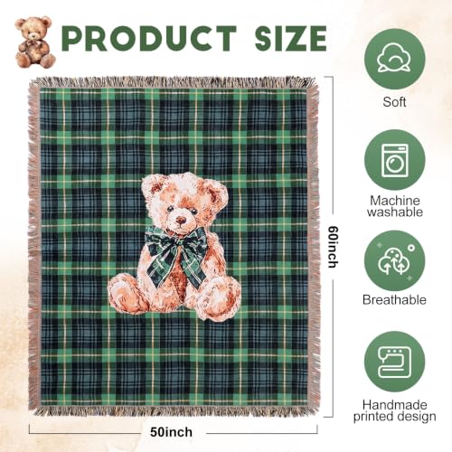 Moukeren 60 x 50 Inch Tartan Plaid Bear Baby Woven Tapestry Throw Blanket Green Blue Scottish Tartan Throw Blanket with for Office Bed Living Room Bedroom Sofa Chair Couch Crib - style: Tartan Plaid Bear Baby