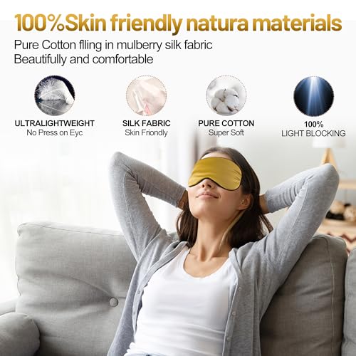 Silk Sleep Mask, Blackout Eye Mask for Sleeping with Adjustable Strap - color: Gold
