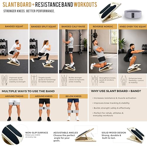3-in-1 Adjustable Slant Board & 180°/360° Balance Board - Wooden Calf Stretcher and Squat Wedge - 5 Angle Incline Board for Stretching Equipment & Exercise - Includes Resistance Band - (400LBS)
