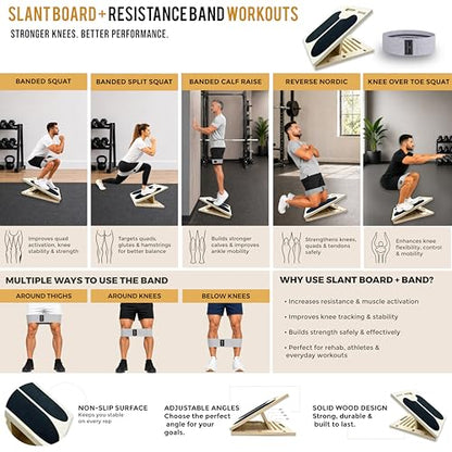 3-in-1 Adjustable Slant Board & 180°/360° Balance Board - Wooden Calf Stretcher and Squat Wedge - 5 Angle Incline Board for Stretching Equipment & Exercise - Includes Resistance Band - (400LBS)