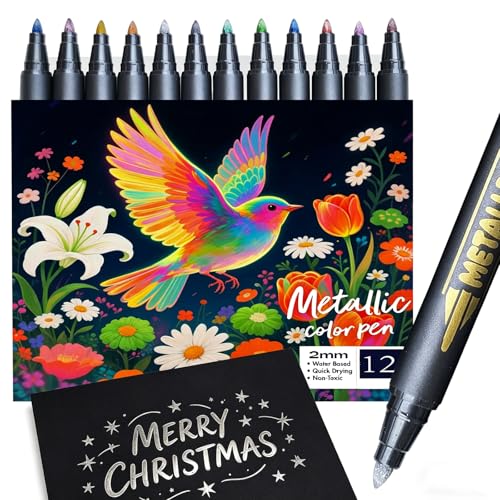 Metallic Paint Markers, 12 Colors Acrylic Paint Markers for Black Paper | 2mm Medium Tip Glitter Pens Scrapbooking Supplies, Eggs Decorating Kit, Card Making Painting Kit , Rock, Photo Albums