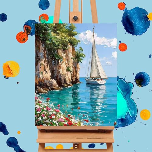Mrnsiet Sailboat DIY Paint by Numbers for Adults, Coastal Sail Boat Paint by Number for Beginners, DIY Landscape Painting by Number Kits Oil Paint Drawing Canvas Home Decor 16x20 Inch - color: MT22357-US