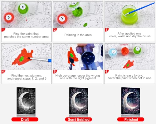 TUMOVO Moon Floral DIY Paint by Numbers Kit for Adults Arts Craft on Canvas | Moon 16x20 inch canvas kit with acrylic paints and 3 brushes, stress-relief painting kit for a calming hobby. - color: Moon