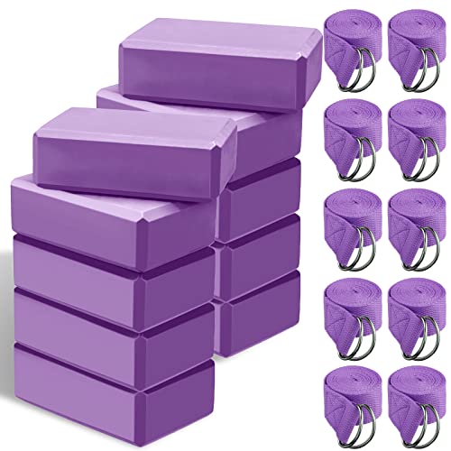 Outus 10 Sets Yoga Blocks and Straps Non-Slip EVA Foam Blocks with Metal D Ring Straps for Gym Exercise and Workout