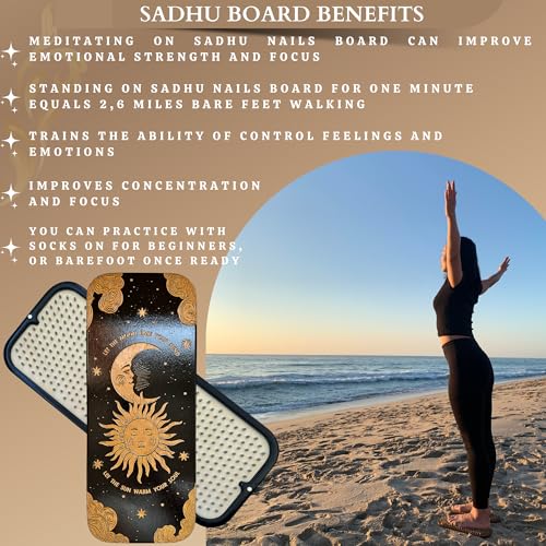 TENGRY Sadhu Board, Specially Crafted Aluminum & Copper Nails, Light Nail Board, 0.31 IN (8 mm), Beginners, Hexagon, Slim Sadhu Wood Board for Standing on Nails, Acupuncture Foot Massage, Yoga Gift - color: Aluminum Nails Moon and Sun Black