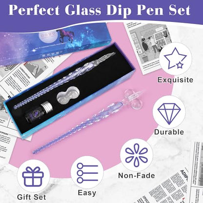 Luxiv Glass Dip Pen Set, Purple Crystal Pen With Ink, Holder, and Package - color: Purple, style: Basic