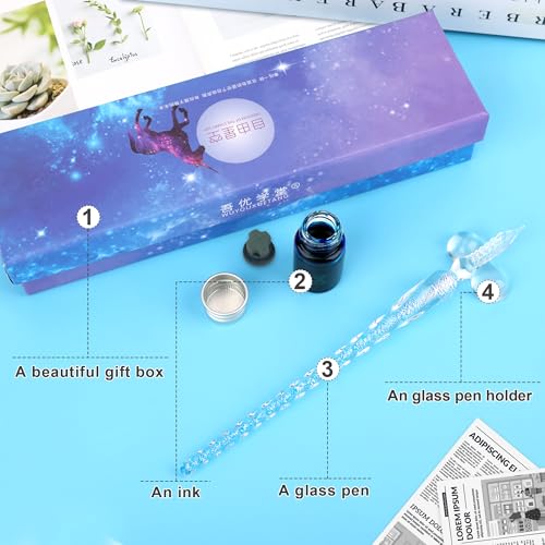 Luxiv Glass Ink Pen Set, Glass Dip Pen with Fluorescent Ink and Pen Holder Art Crystal Glass Pens for Signatures, Business Christmas Gift Glass Ink Pens (Blue, Basic) - color: Blue, style: Basic