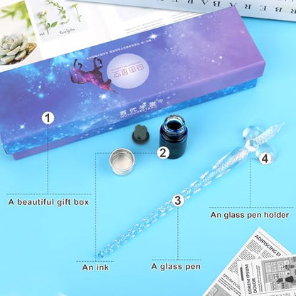 Luxiv Glass Ink Pen Set, Glass Dip Pen with Fluorescent Ink and Pen Holder Art Crystal Glass Pens for Signatures, Business Christmas Gift Glass Ink Pens (Blue, Basic) - color: Blue, style: Basic