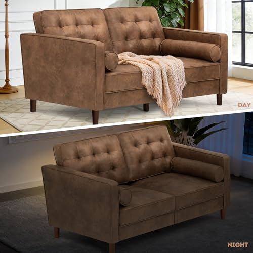 67" Suede Leather 2-seat Sofa with Two Bolster Pillows, Brown - color: Brown, size: 67" Loveseat