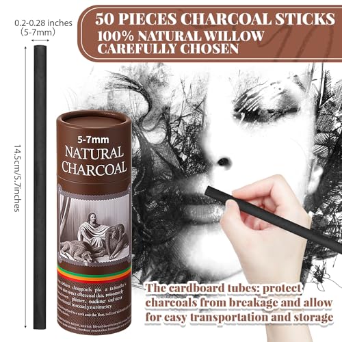 Gueevin 50 Pcs Soft Willow Charcoal Sticks Drawing,5-7mm | For Artists Beginners Students, Vine Charcoal Bulk for Sketching Shading Fine Art, Assorted Sizes, Back to School Gifts - size: 5-7mm