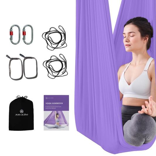 Aerial Yoga Hammock Swing, 4.5 Yards, Aerial Silks with Hardware | Knitted fabric with extension straps and a pose guide for aerial yoga, home gym and studio practice, suitable for all levels - color: Lavender, size: 5.5 yards