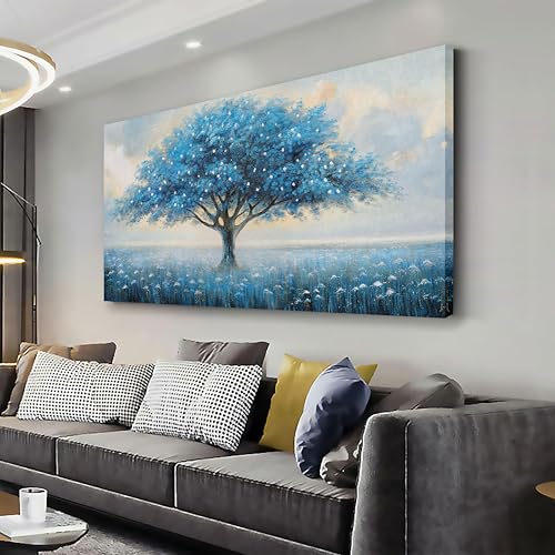 Glvzygy Blue Tree of Life Wall Art Abstract Modern Artwork Canvas Painting Textured Tree Pictures Wall Decor Home Decor Wall Ready to Hang for Bedroom Living Room Size 24"x48" - color: Blue, size: 48"L x 24"W