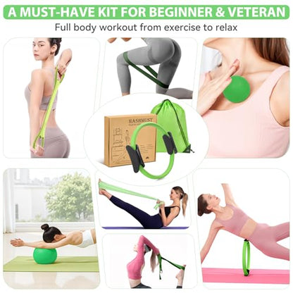 HASHMUST Pilates Ring Kit 12 PCS for Women, Home Workout Equipment with Magic Circle, Mini Exercise Ball, Resistance Bands, Massage Lacrosse, Yoga Strap, Full-Body Fitness Set for Toning & Gift - color: Green