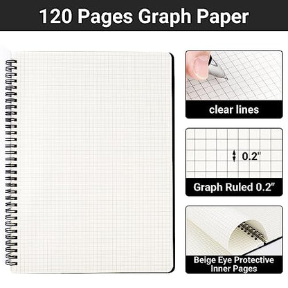 EUSOAR Graphing Notebook, A4 3Packs 8.5"x11" 120 Pages Graph Notebook Spiral, Hardcover Spiral Grid Paper Notebook Composition for Math Science Engineering Artist Drawing-Black/Royal Blue/Kraft - color: Black/Royal Blue/Kraft, size: A4
