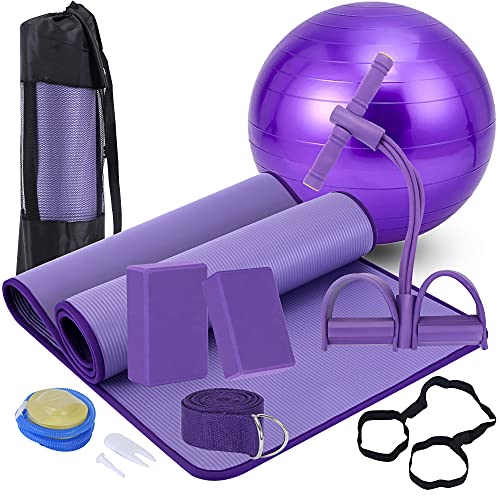 Yoga Mat Set for Beginners,Yoga Mat with Carrying Strap,Yoga Blocks 2 Pack with Yoga Strap,Yoga Ball,Ankle Puller,11-Piece Yoga Kits and Sets for Beginners,Yoga Starter Kit for Women Men - color: Purple