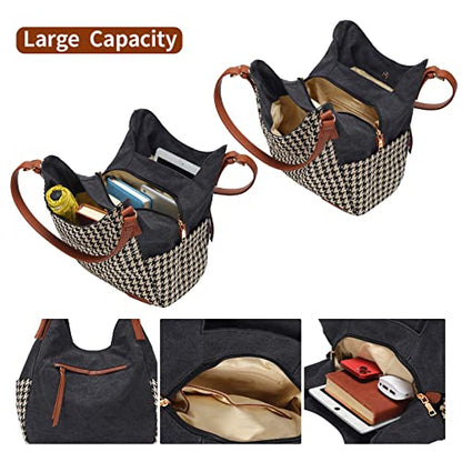 Worldlyda Women Canvas Hobo Purse Multi Pocket Tote Shopper Shoulder Bag Casual Top Handle handbag with Embroidery Ethnic - color: Be06black-houndstooth
