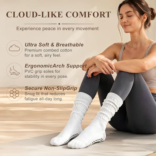 Pilates Grip Socks for Women, Non Slip Scrunch Yoga Socks for Home, Workout - color: 3pairs-beigekhakibrown
