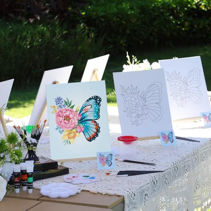 Cholemy 8 Set Paint and Sip Kit for Adults 8'' x 10'' Pre Drawn Canvas with Wooden Easels Acrylic Paint Brushes Wash Cup Palette Apron for Painting DIY Date Night Party Supplies(Butterfly) - style: Butterfly