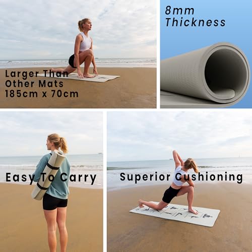 Printed Visual Guidance with Yoga Poses. Large Exercise Mat, Shoe-Friendly, Balance and Graceful extension TPE Yoga Mat for Men and Women to support Consistent Practice| 8mm Thickness for Superior Cushioning | 185 x 70 cm Extra Wide, Anti Slip Mat, Pilate