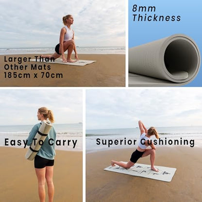 Printed Visual Guidance with Yoga Poses. Large Exercise Mat, Shoe-Friendly, Balance and Graceful extension TPE Yoga Mat for Men and Women to support Consistent Practice| 8mm Thickness for Superior Cushioning | 185 x 70 cm Extra Wide, Anti Slip Mat, Pilate