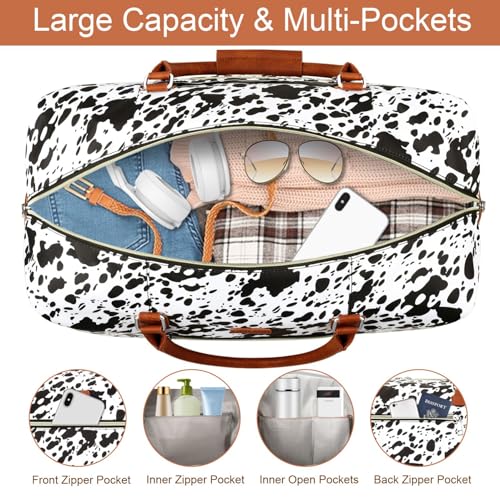ITIEZY Weekender Bag for Women 21.5" Travel Duffel Large Carry On Bag 3PCS | Nylon Duffel Bag with Waterproof Shoe Compartment, Crossbody Bag and Toiletry Bag, Travel Weekend Hospital Overnight Gym Bag - color: 5-Black Cow
