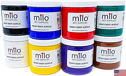 milo Heavy Body Acrylic Paint Set, 8 Primary Colors, 8 oz Jars, Semi-Gloss | Safe, Non-Toxic, Made in the USA, Arts & Crafts Paints for Artists, Student & Hobby Painters, Paint Pack, Classroom, Bulk - style: Heavy Body Set 8 x 8 oz