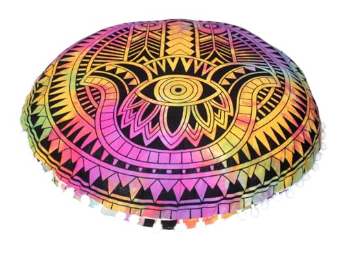 CRAFT KALA Boho Large Floor Pillow Pouf Cover Mandala Meditation Room Pillow Cover for Adults Round Bohemian Seating Pouf Cushion Cover for Kids Playroom 22" Multi Hamsa - color: Multicolor, size: 22" x 22" (Pack of 1)
