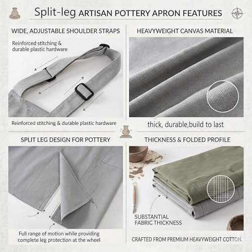 Pottery Apron Split Leg,100% Cotton Artist Apron 3 Pockets for Women Men,Ceramics Clay - color: Light Grey, size: 39" long