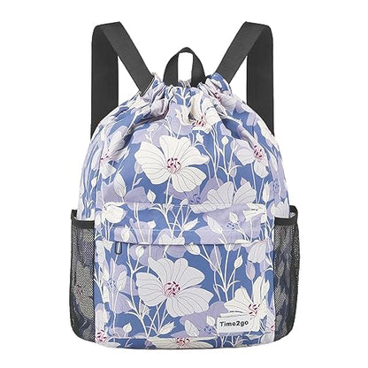 Drawstring Backpack Sports Gym Sackpack with Mesh Pockets String Cinch Beach Bag for Men Women(Blue Flower) - color: Blue Flower