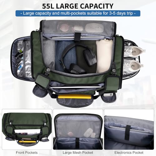WITZMAN Duffle Bag for Men Large 55L Travel Duffel with Shoe Compartment | Water-resistant Nylon, Dry-wet Pocket, Fits 16" Laptop, Convertible for Gym, Weekender, Sports, Overnight, B717 Army Green - color: Army Green